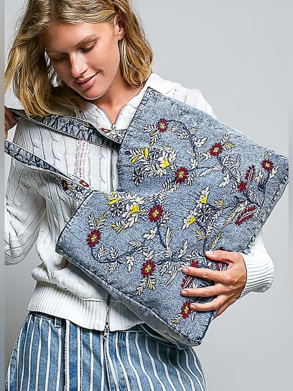 NWT By POL Boho Floral Embroidered Denim Tote Bag — Blue Jean Large Shoulder Bag